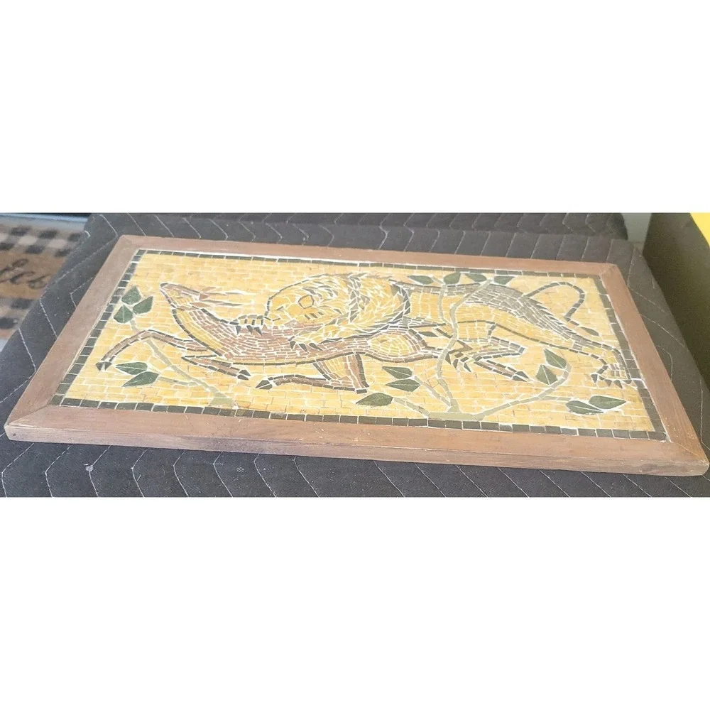 Vtg Mosaic Tile Lion And Prey Wooden Framed Wall Hanging Picture Scene